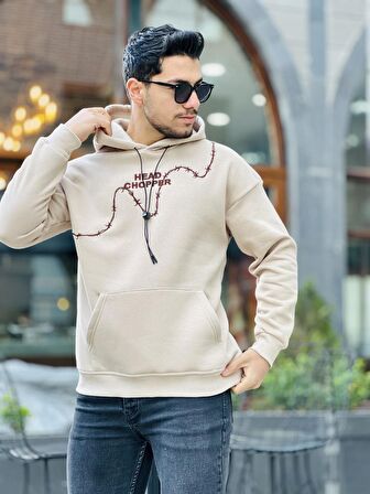 Miron Bej Üç İplik Head Chopper Nakışlı Oversize Kapşonlu Sweatshirt