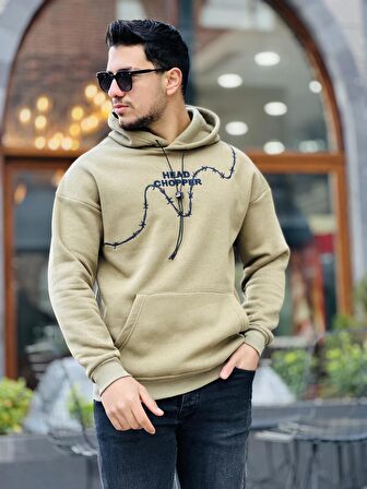 Miron Haki Üç İplik Head Chopper Nakışlı Oversize Kapşonlu Sweatshirt