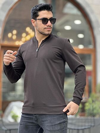 Yarım Fermuarlı Kolej Yaka Sweatshirt Regular Fit-Koyu Kahverengi