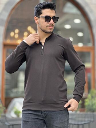 Yarım Fermuarlı Kolej Yaka Sweatshirt Regular Fit-Koyu Kahverengi