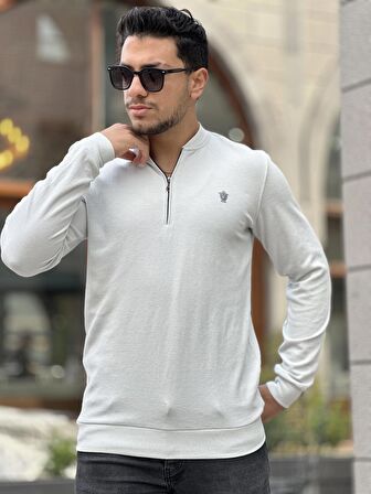 Yarım Fermuarlı Kolej Yaka Sweatshirt Regular Fit-Açık Gri