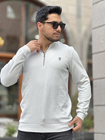 Yarım Fermuarlı Kolej Yaka Sweatshirt Regular Fit-Açık Gri