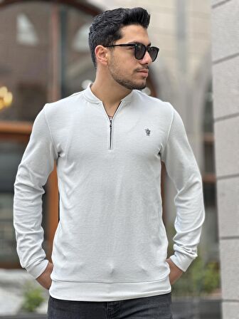 Yarım Fermuarlı Kolej Yaka Sweatshirt Regular Fit-Açık Gri