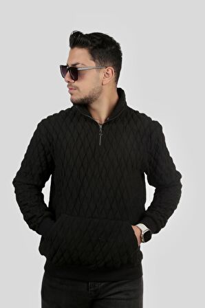 Miron Siyah Kapitone Detaylı Yarım Fermuarlı Regular Fit Sweatshirt