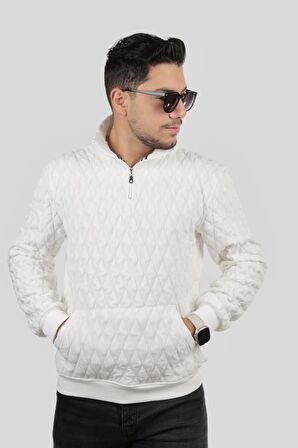 Miron Beyaz Kapitone Detaylı Yarım Fermuarlı Regular Fit Sweatshirt