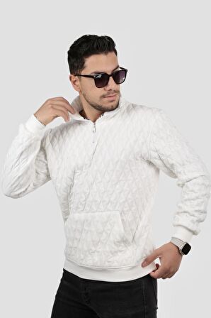 Miron Beyaz Kapitone Detaylı Yarım Fermuarlı Regular Fit Sweatshirt