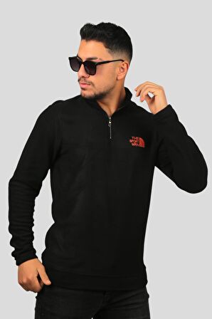 Miron Siyah Nakışlı Dik Yaka Yarım Fermuarlı Polar Sweatshirt