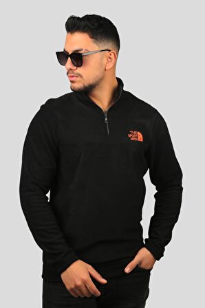 Miron Siyah Nakışlı Dik Yaka Yarım Fermuarlı Polar Sweatshirt