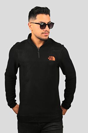 Miron Siyah Nakışlı Dik Yaka Yarım Fermuarlı Polar Sweatshirt