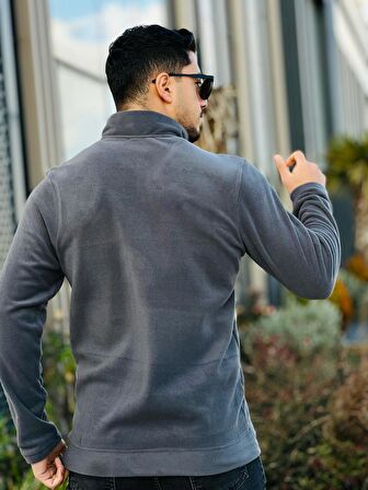 Miron Füme Unisex Nakışlı Dik Yaka Yarım Fermuarlı Polar Sweatshirt