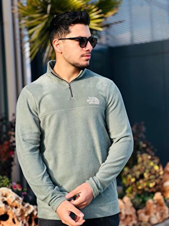 Miron Haki Unisex Nakışlı Dik Yaka Yarım Fermuarlı Polar Sweatshirt