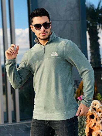 Miron Haki Unisex Nakışlı Dik Yaka Yarım Fermuarlı Polar Sweatshirt