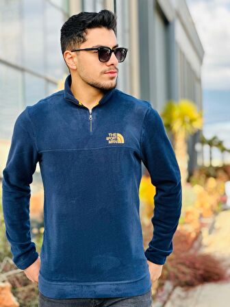 Miron Lacivert Unisex Nakışlı Dik Yaka Yarım Fermuarlı Polar Sweatshirt