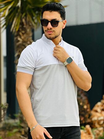 Miron Beyaz Gri Kagi Ston Parçalı Polo Yaka Kısa Kollu Tişört