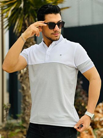 Miron Beyaz Gri Kagi Ston Parçalı Polo Yaka Kısa Kollu Tişört
