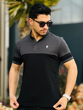 Miron Füme Siyah Kagi Ston Parçalı Polo Yaka Kısa Kollu Tişört