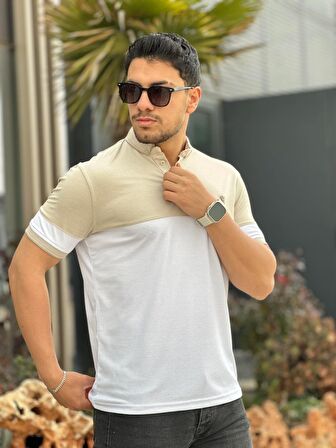 Miron Bej Beyaz Kagi Ston Parçalı Polo Yaka Kısa Kollu Tişört