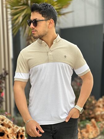 Miron Bej Beyaz Kagi Ston Parçalı Polo Yaka Kısa Kollu Tişört