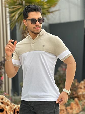 Miron Bej Beyaz Kagi Ston Parçalı Polo Yaka Kısa Kollu Tişört