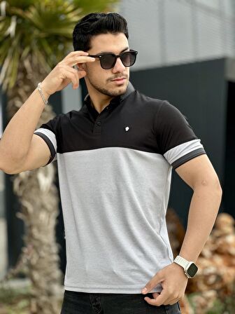 Miron Siyah Gri Kagi Ston Parçalı Polo Yaka Kısa Kollu Tişört