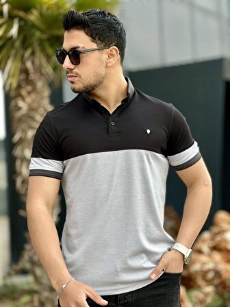 Miron Siyah Gri Kagi Ston Parçalı Polo Yaka Kısa Kollu Tişört