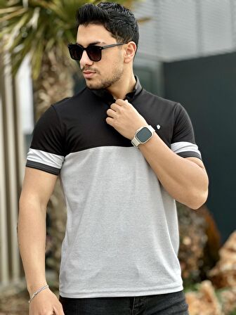 Miron Siyah Gri Kagi Ston Parçalı Polo Yaka Kısa Kollu Tişört