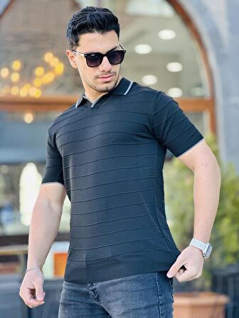 Miron Siyah Kabartma Çizgi Polo Yaka Triko Tişört