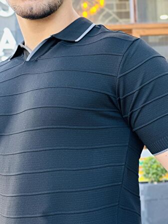 Miron Siyah Kabartma Çizgi Polo Yaka Triko Tişört