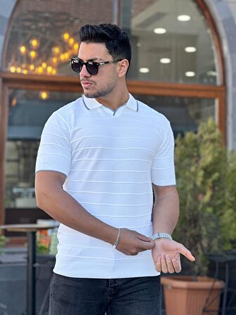 Miron Beyaz Kabartma Çizgi Polo Yaka Triko Tişört