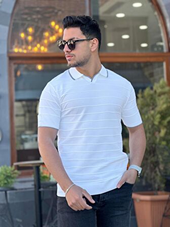 Miron Beyaz Kabartma Çizgi Polo Yaka Triko Tişört