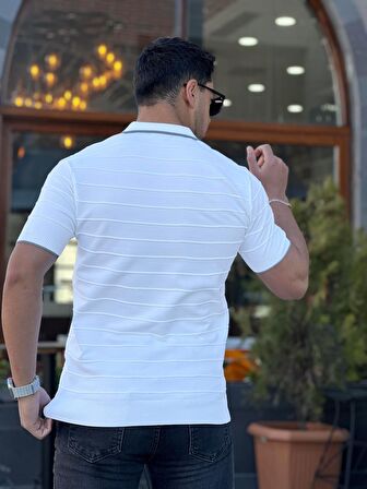 Miron Beyaz Kabartma Çizgi Polo Yaka Triko Tişört
