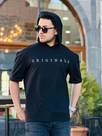 Miron Siyah Originals Nakışlı Kapşonlu İki İplik Kısa Kollu Tişört