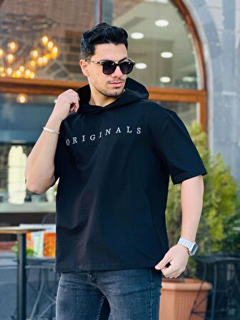 Miron Siyah Originals Nakışlı Kapşonlu İki İplik Kısa Kollu Tişört