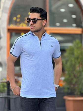 Miron Buz Mavisi Kolej Yaka Yarım Fermuarlı Kısa Kollu Tişört