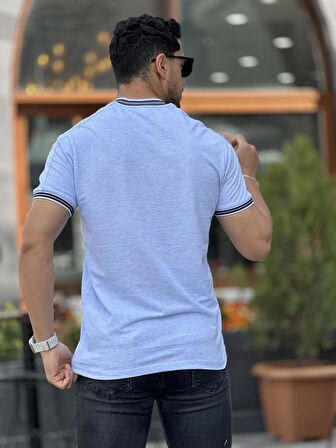 Miron Buz Mavisi Kolej Yaka Yarım Fermuarlı Kısa Kollu Tişört