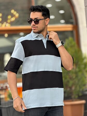 Miron Siyah Gri Polo Yaka Blok Parçalı Oversize Tişört
