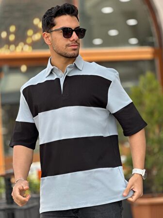 Miron Siyah Gri Polo Yaka Blok Parçalı Oversize Tişört