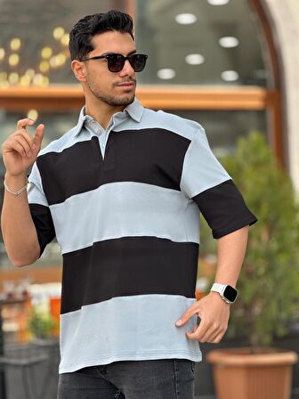 Miron Siyah Gri Polo Yaka Blok Parçalı Oversize Tişört