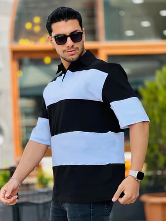 Miron Siyah Beyaz Polo Yaka Blok Parçalı Oversize Tişört