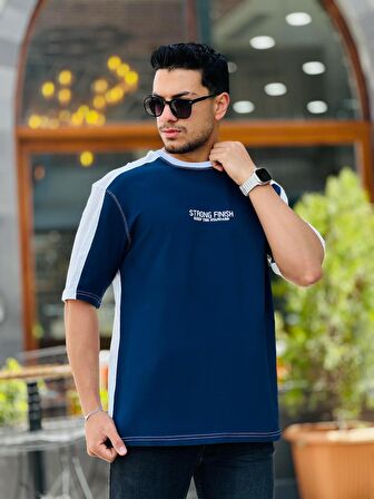 Miron Lacivert Beyaz Strong Finish Baskılı Oversize Kısa Kolu Tişört
