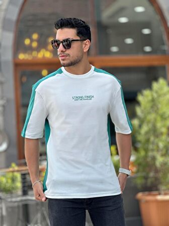 Miron Beyaz Yeşil Strong Finish Baskılı Oversize Kısa Kolu Tişört
