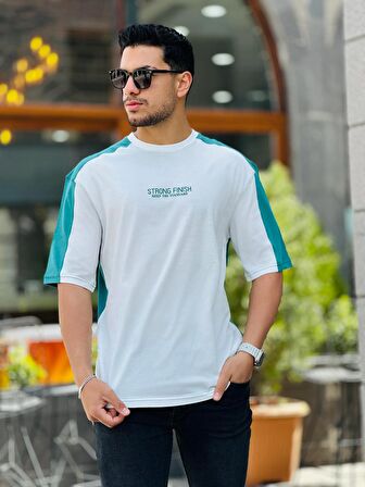 Miron Beyaz Yeşil Strong Finish Baskılı Oversize Kısa Kolu Tişört
