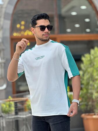 Miron Beyaz Yeşil Strong Finish Baskılı Oversize Kısa Kolu Tişört