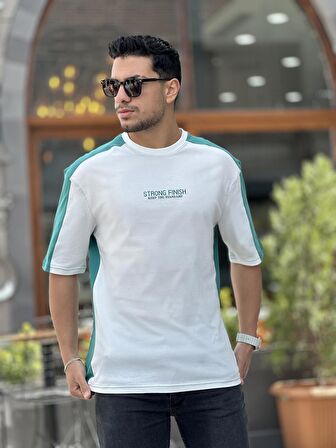 Miron Beyaz Yeşil Strong Finish Baskılı Oversize Kısa Kolu Tişört
