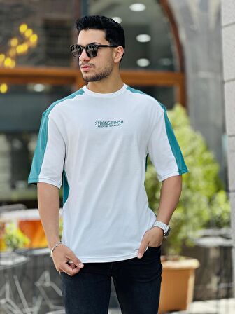 Miron Beyaz Yeşil Strong Finish Baskılı Oversize Kısa Kolu Tişört