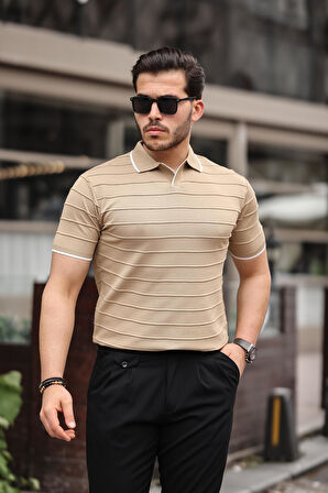 Miron Kamel Kabartma Çizgi Polo Yaka Triko Tişört- 2403