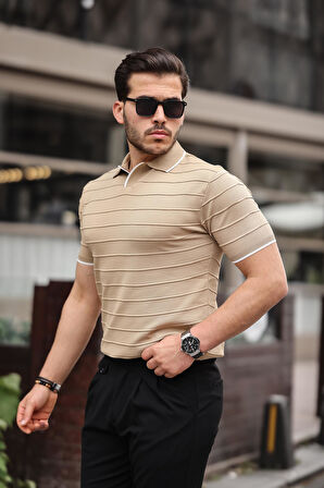 Miron Kamel Kabartma Çizgi Polo Yaka Triko Tişört- 2403