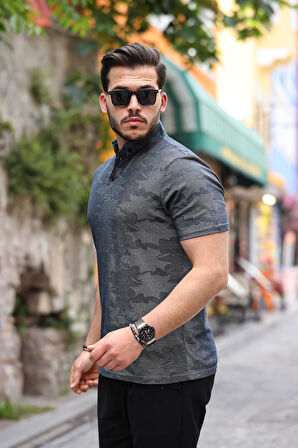 Miron Antrasit Desenli Kumaş Polo Yaka Kısa Kollu Tişört- 2414