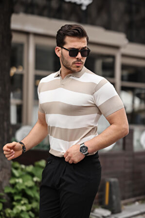 Miron Kamel Bej Triko Blok Parçalı Polo Yaka Tişört- 2417