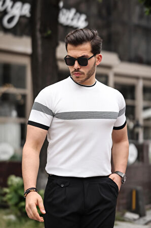 Miron Beyaz Sıfır Yaka Çizgili Triko Tişört- 2418